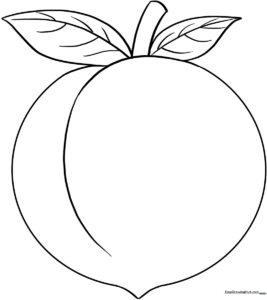 Black and white line art of a round peach with a single leaf, designed for children to color with crayons or markers.