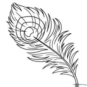 Black and white line art of a single peacock feather featuring a prominent central eye pattern, ready for coloring.