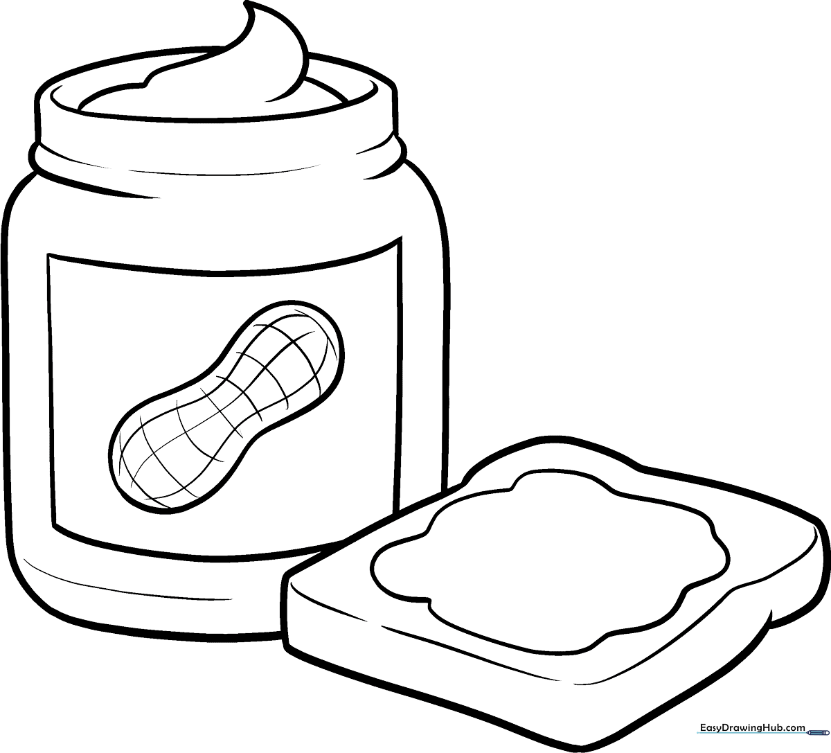 A clean, black-and-white line drawing of a peanut butter jar with a label, designed for children to color with crayons or markers.