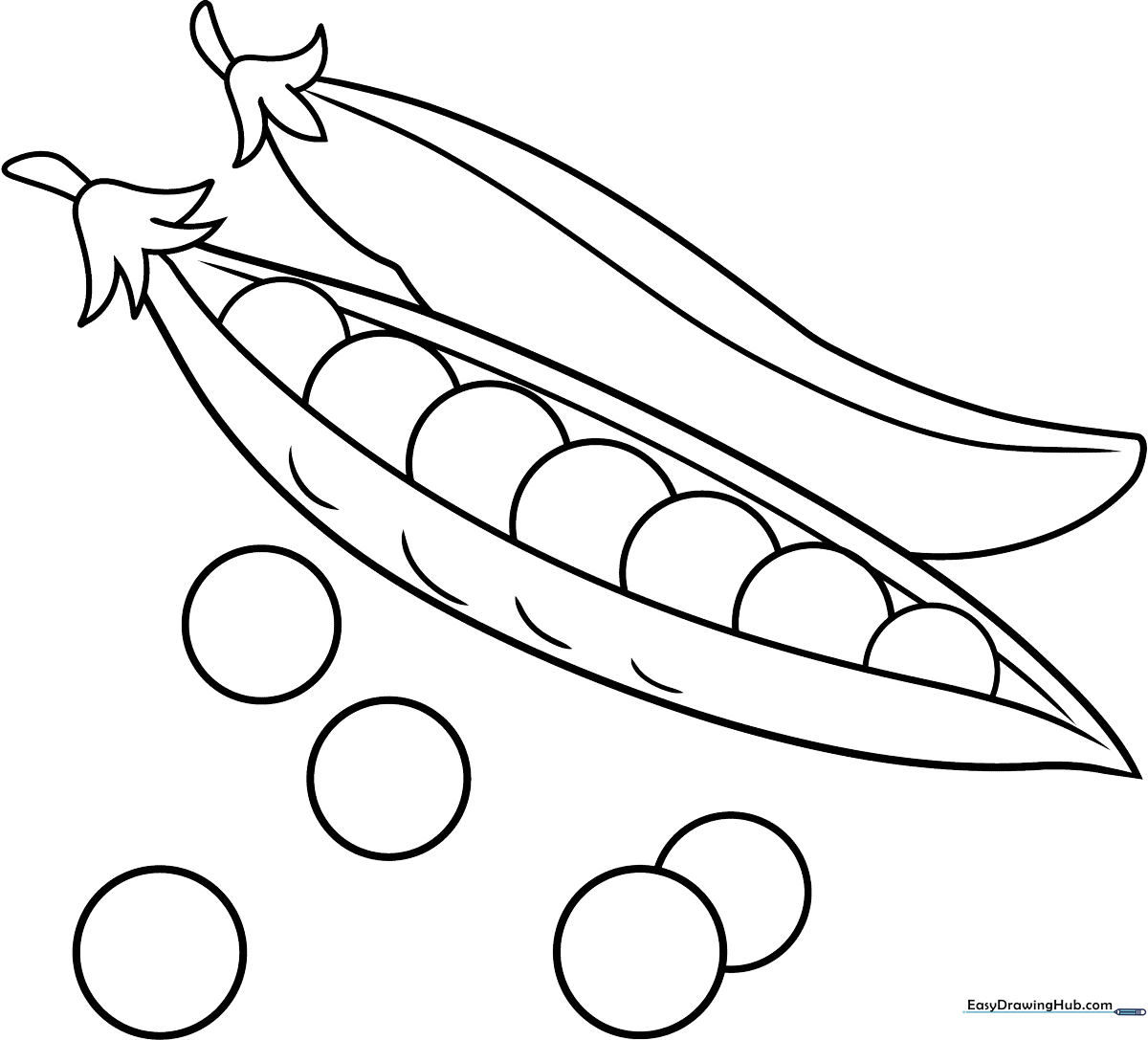 A friendly cartoon pea pod with three smiling peas inside, featuring thick outlines perfect for young children to color.