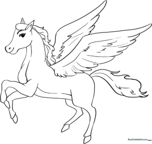 Black and white line art of a majestic Pegasus with large feathered wings, ready for children to color.