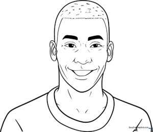 Detailed line art illustration of soccer legend Pelé smiling, formatted as a clean coloring page for children.
