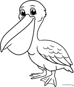 A friendly cartoon pelican with a large beak, standing ready for coloring on a clean white background.
