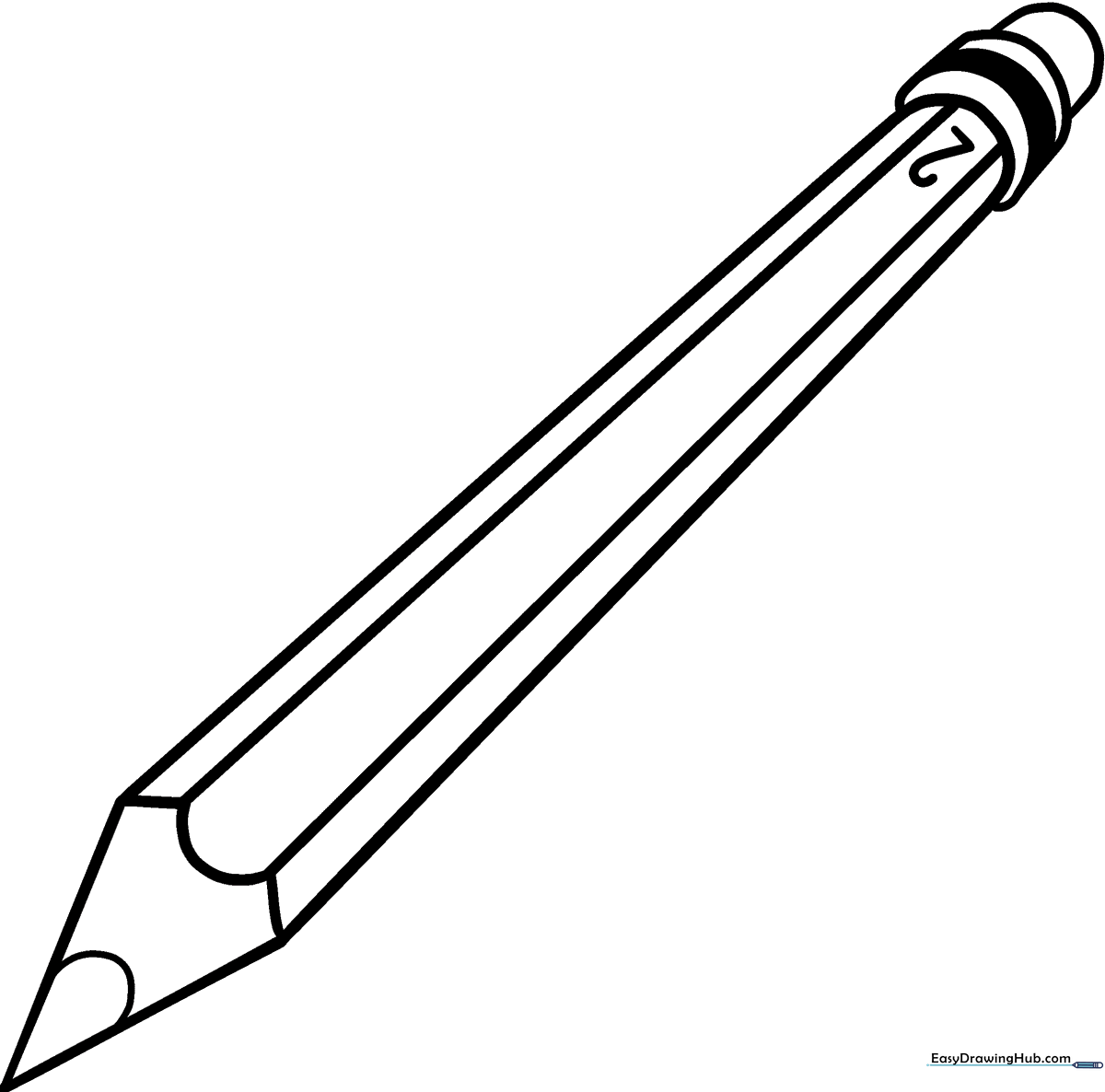 A clean, black-and-white line art illustration of a sharpened pencil with a classic eraser tip, designed for children to color.
