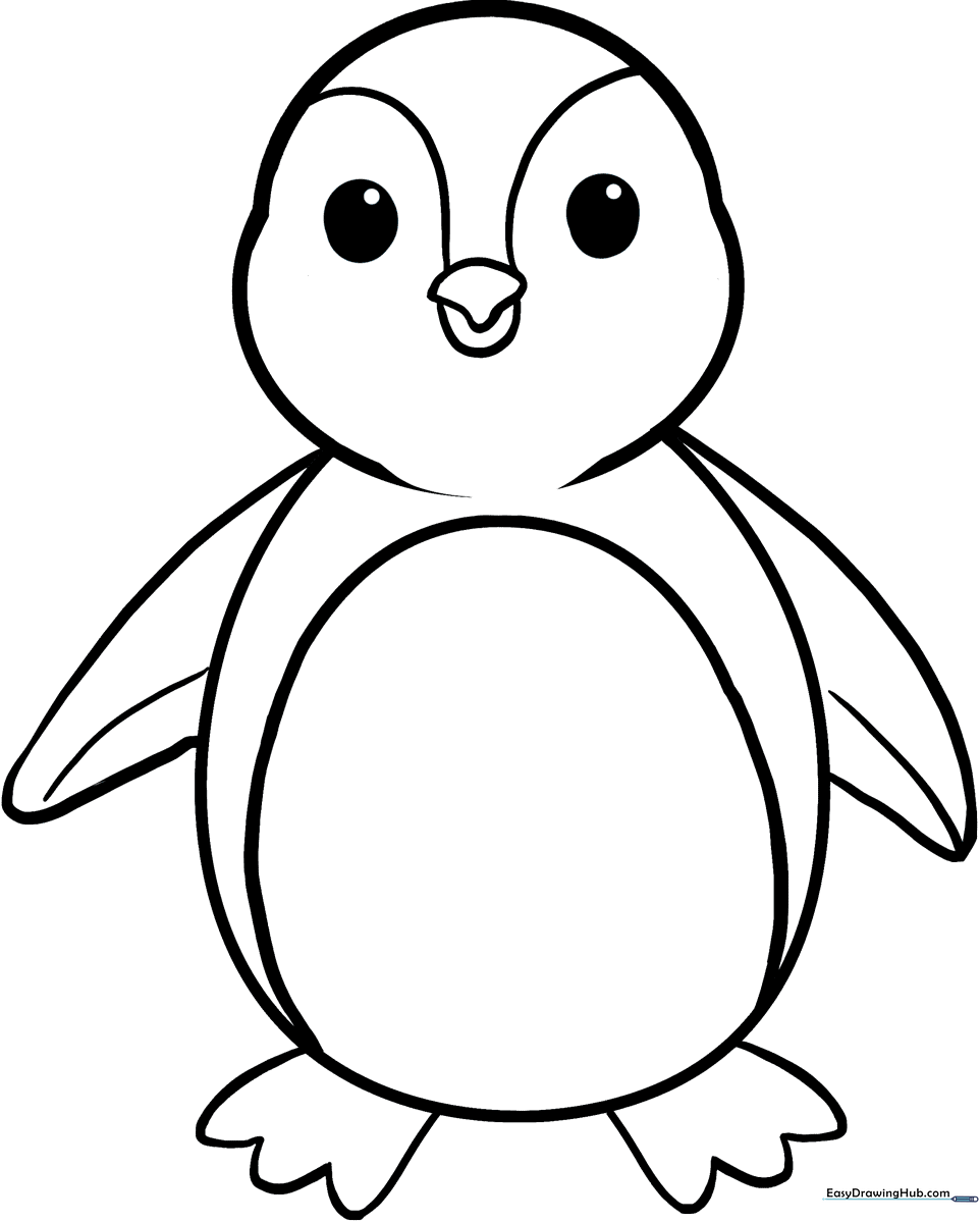A friendly cartoon penguin with a round belly and flippers, outlined in bold black lines for easy coloring by children.