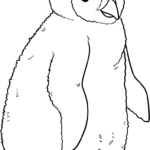 Black and white line art of a fluffy penguin chick with large eyes, designed for children to color with crayons or markers.