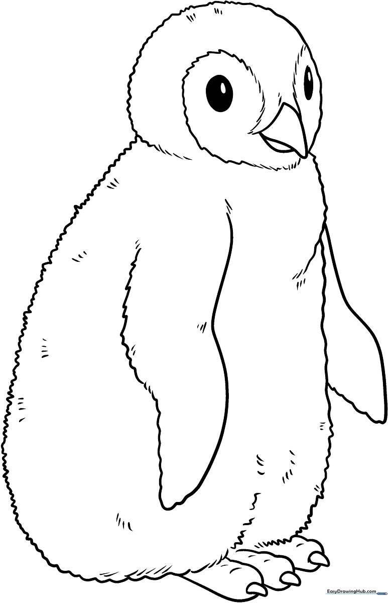 Black and white line art of a fluffy penguin chick with large eyes, designed for children to color with crayons or markers.