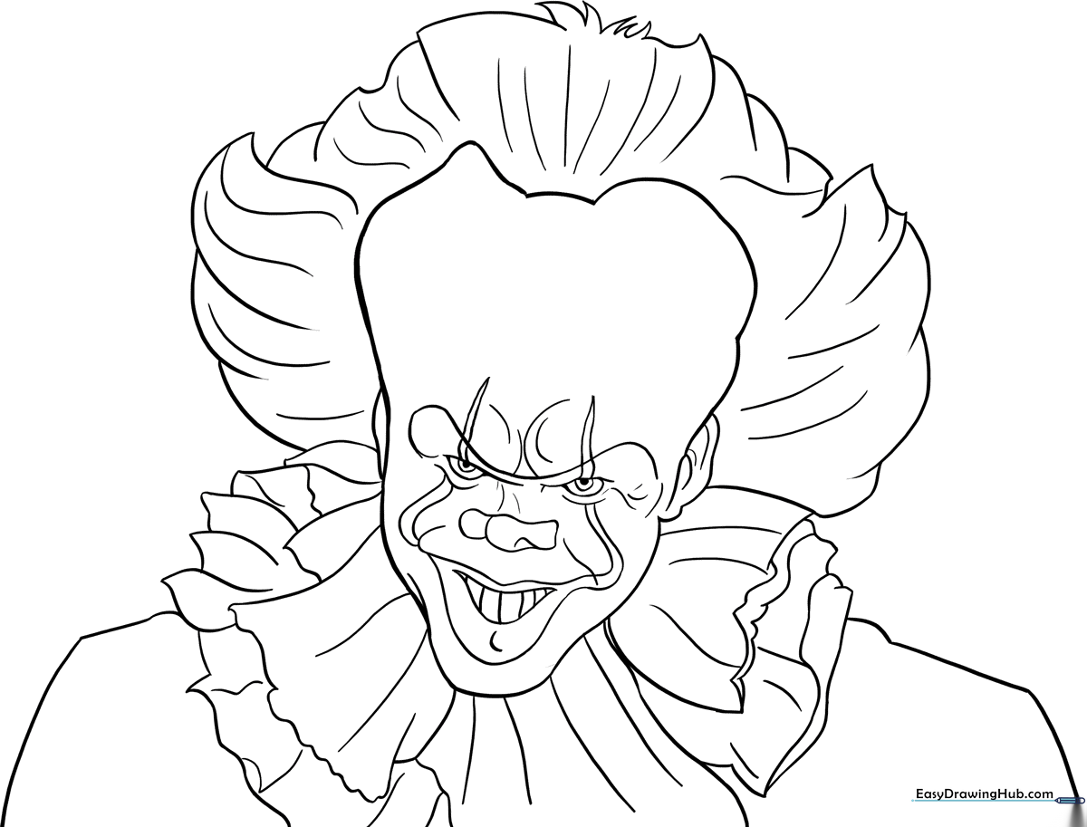 Detailed line art of Pennywise the clown, featuring expressive eyes and signature costume elements ready for coloring.