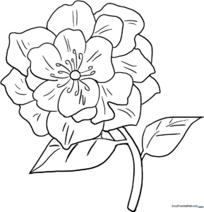 Detailed line art of a blooming peony flower with layered petals and leaves, designed for children to color.