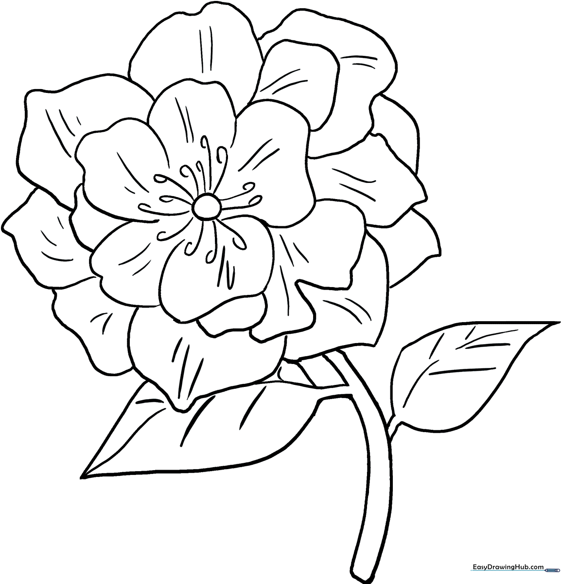 Detailed line art of a blooming peony flower with layered petals and leaves, designed for children to color.