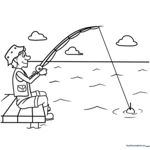 Line art of a fisherman holding a rod with a bobber in the water, ready for coloring.