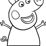 Black and white line art of Peppa Pig standing, featuring clear outlines for easy coloring by young children.