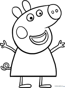 Black and white line art of Peppa Pig standing, featuring clear outlines for easy coloring by young children.