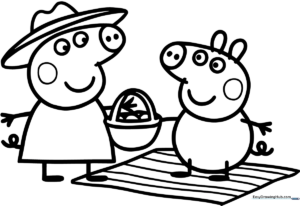 Peppa Pig and George sitting on a picnic blanket with food, outlined for children to color with crayons or markers.