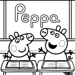 Peppa Pig and George Pig standing together in a school setting with clear, bold outlines for easy coloring by children.