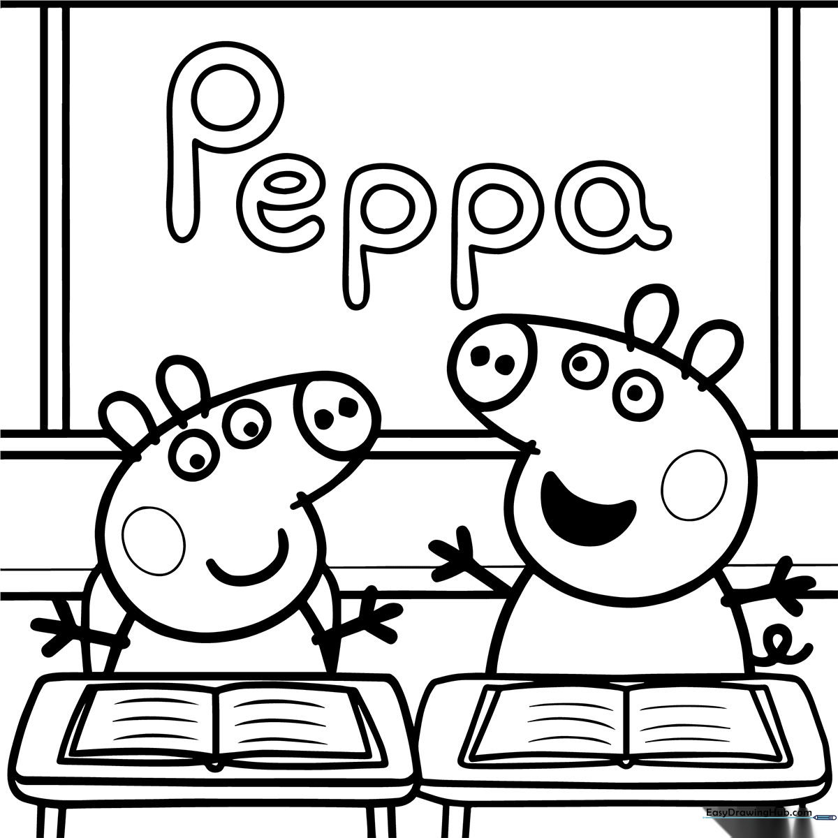 Peppa Pig and George Pig standing together in a school setting with clear, bold outlines for easy coloring by children.