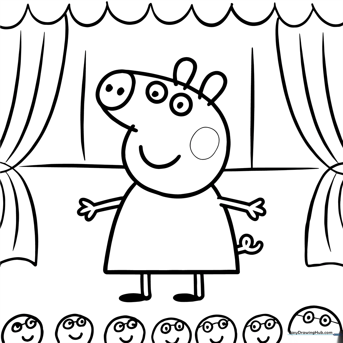 Peppa Pig standing in a theatre setting with clear outlines for children to color, designed to practice staying within the lines.