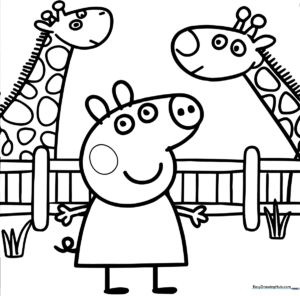 Peppa Pig standing happily at the zoo with clear, bold outlines perfect for young children to color with crayons or markers.