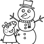 Peppa Pig wearing a winter coat and scarf, stacking a large snowball to build a snowman, outlined for children to color.