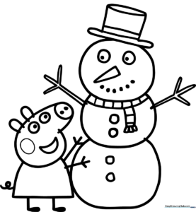 Peppa Pig wearing a winter coat and scarf, stacking a large snowball to build a snowman, outlined for children to color.