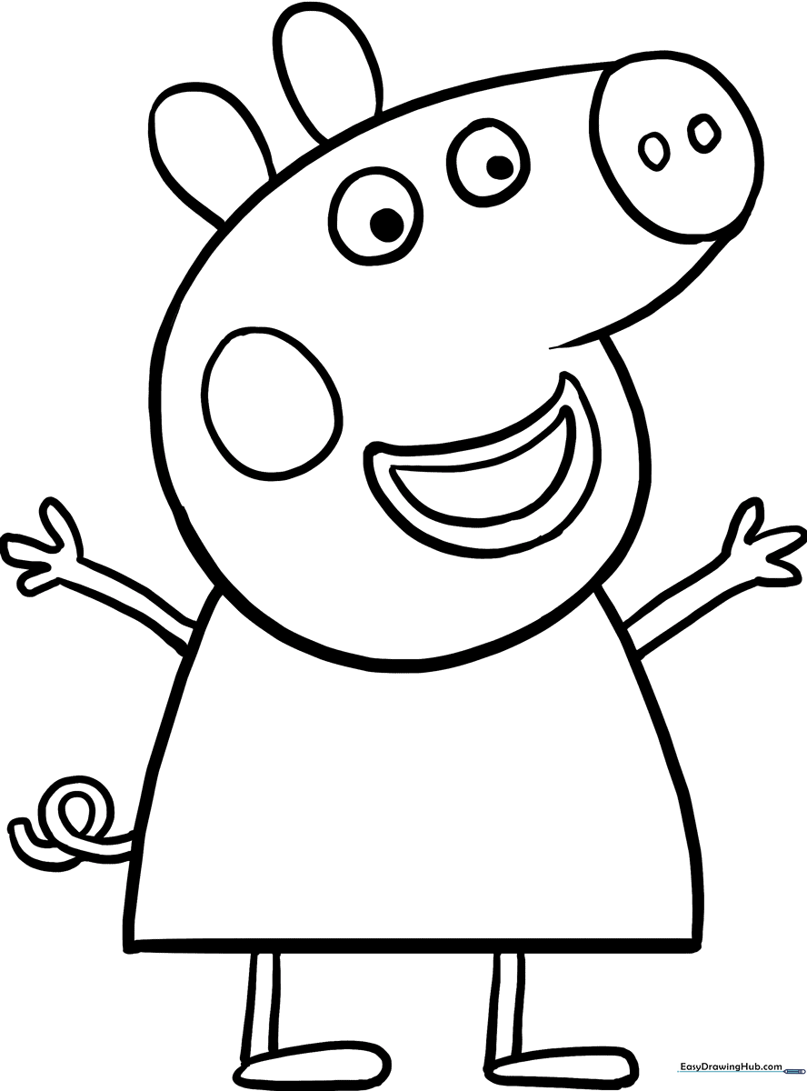 Peppa Pig standing with arms raised in excitement, featuring clean, bold outlines perfect for young children to color.