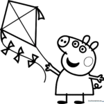 Peppa Pig holding a kite string with a kite flying in the sky, outlined for children to color.