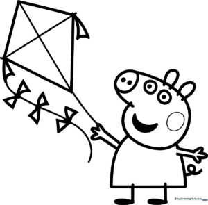 Peppa Pig holding a kite string with a kite flying in the sky, outlined for children to color.