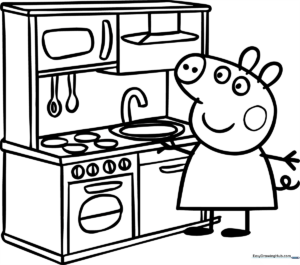 Peppa Pig standing in a kitchen setting with cooking tools, featuring bold outlines for easy coloring by children.