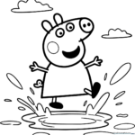 Peppa Pig wearing yellow rain boots jumping into a muddy puddle, outlined for children's coloring activity.