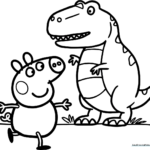 Peppa Pig running with a playful expression while a friendly dinosaur follows behind, outlined in thick black lines for easy coloring.