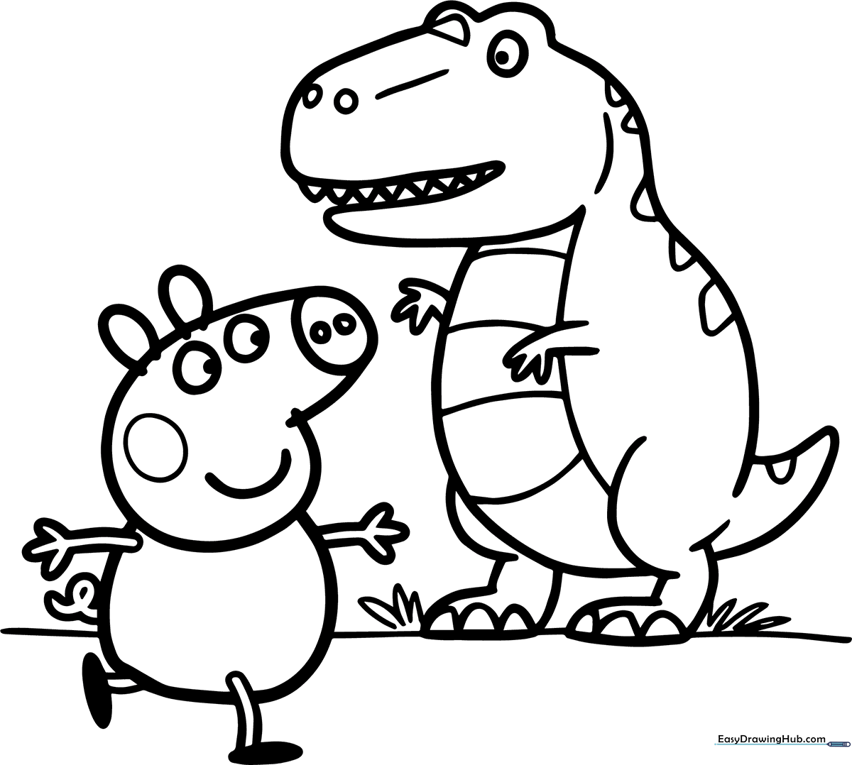Peppa Pig running with a playful expression while a friendly dinosaur follows behind, outlined in thick black lines for easy coloring.