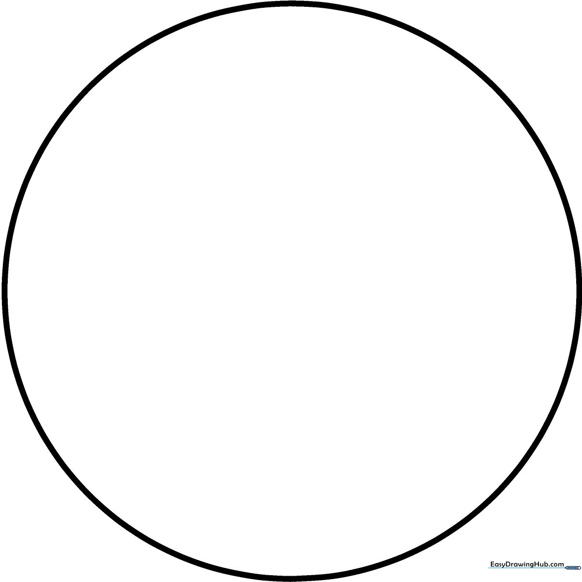 A clean, black-and-white line drawing of a perfect circle on a white background, designed as a foundational exercise for children learning geometric shapes.