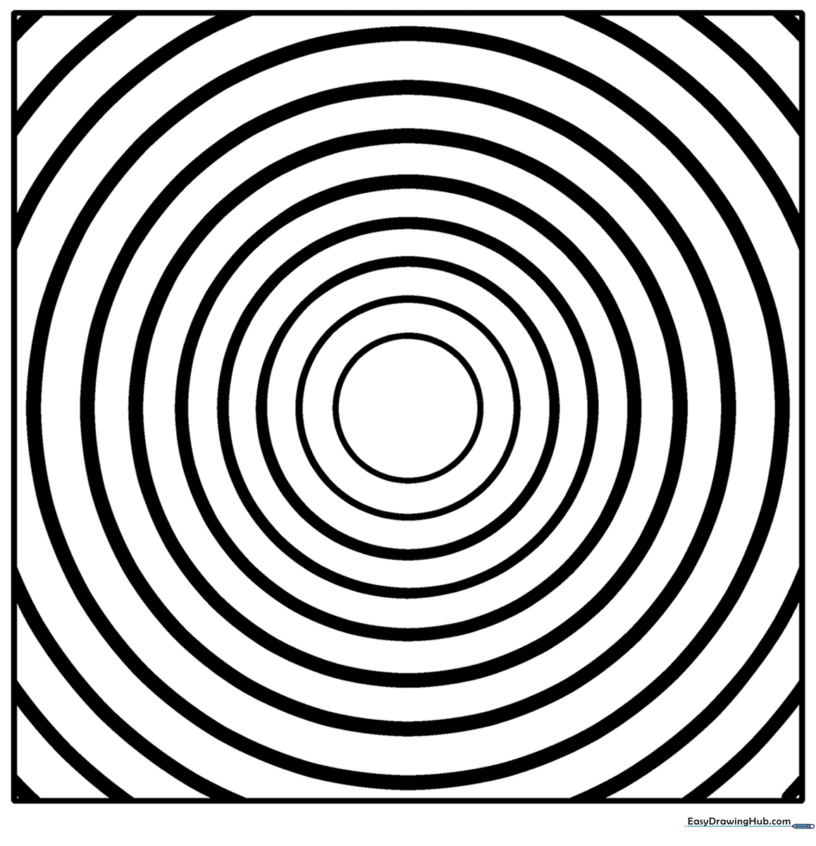 Black and white line art of a geometric spiral pattern made of connected circles, designed for children to color and practice staying within the lines.