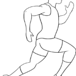 A clean, black-and-white line art illustration of a person in a running pose, featuring bold outlines suitable for children to color.