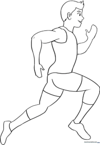 A clean, black-and-white line art illustration of a person in a running pose, featuring bold outlines suitable for children to color.