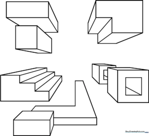 Educational one-point perspective coloring sheet showing geometric shapes converging toward a central vanishing point to demonstrate 3D depth.