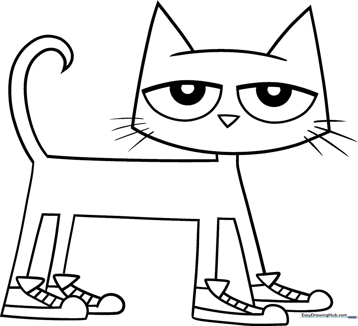 Black and white line art of Pete the Cat standing, ready for coloring with crayons or markers.