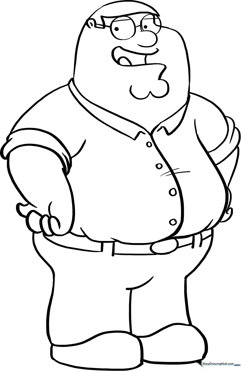 Black and white line art of Peter Griffin from Family Guy, featuring clean outlines suitable for coloring with markers or crayons.