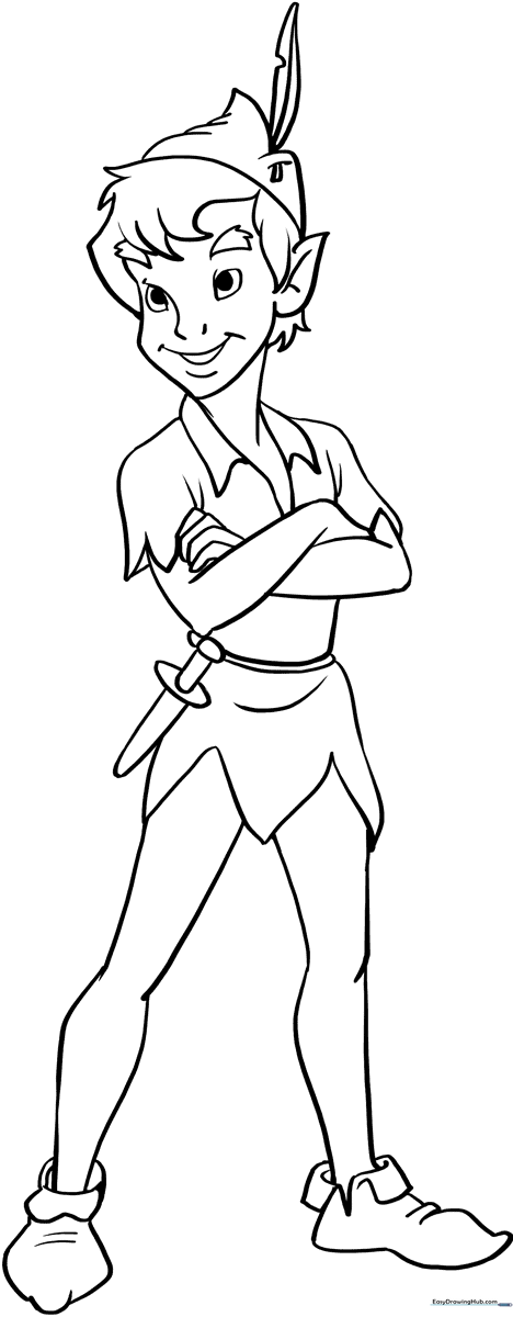 Black and white line art of Peter Pan in his signature tunic and feathered cap, ready for children to color.