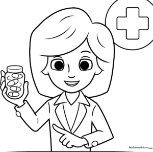 A friendly cartoon pharmacist wearing a lab coat, standing in front of shelves filled with medicine bottles, ready for coloring.