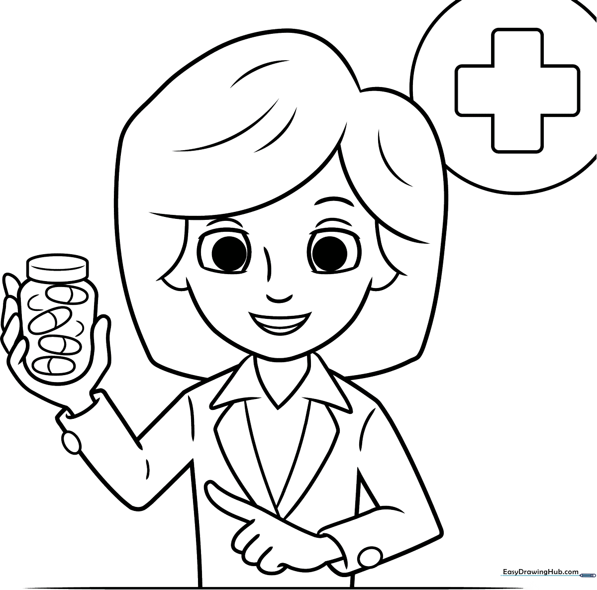 A friendly cartoon pharmacist wearing a lab coat, standing in front of shelves filled with medicine bottles, ready for coloring.