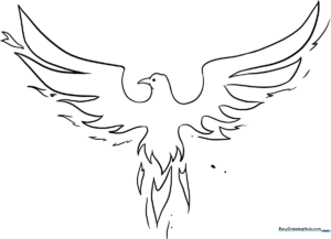 Detailed line art of a mythical Phoenix with sweeping wings and decorative tail feathers, designed for educational coloring practice.