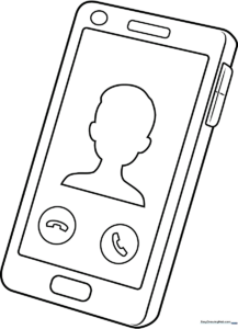 Black and white line art of a smartphone with a blank screen, designed for children to color and customize.