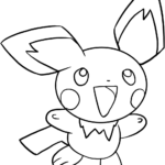 Black and white line art of Pichu from Pokemon, featuring large ears and a small body, ready for children to color.