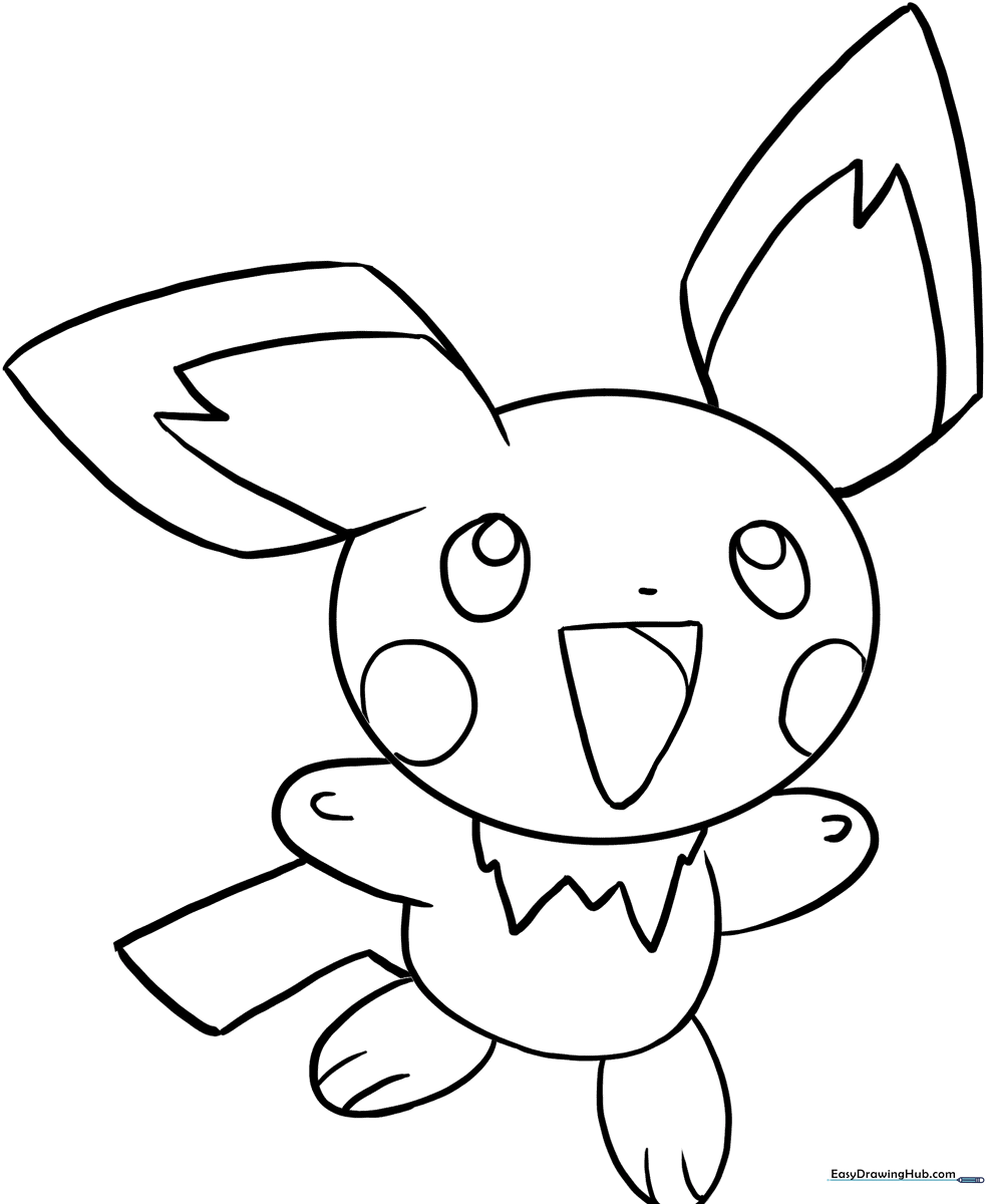 Black and white line art of Pichu from Pokemon, featuring large ears and a small body, ready for children to color.