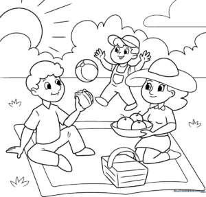 Detailed line art of a picnic basket and blanket spread on grass, featuring clear outlines for children to color and practice fine motor control.