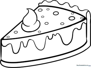 A clean, black-and-white line art illustration of a round pie with a decorative crust, designed for children to color.