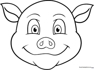 A simple, clean line-art illustration of a cute pig face with large eyes and a prominent snout, designed for children to color.