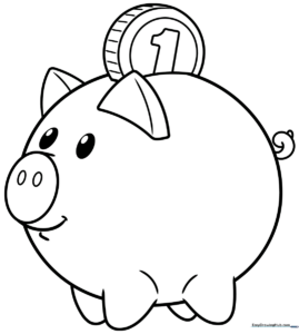 A friendly cartoon piggy bank with a coin slot on its back, featuring clean, bold outlines perfect for young children to color.