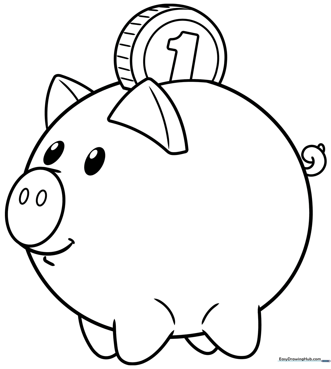 A friendly cartoon piggy bank with a coin slot on its back, featuring clean, bold outlines perfect for young children to color.